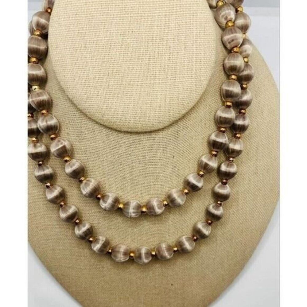Grey fabric bead necklace 1980s 30" pristine